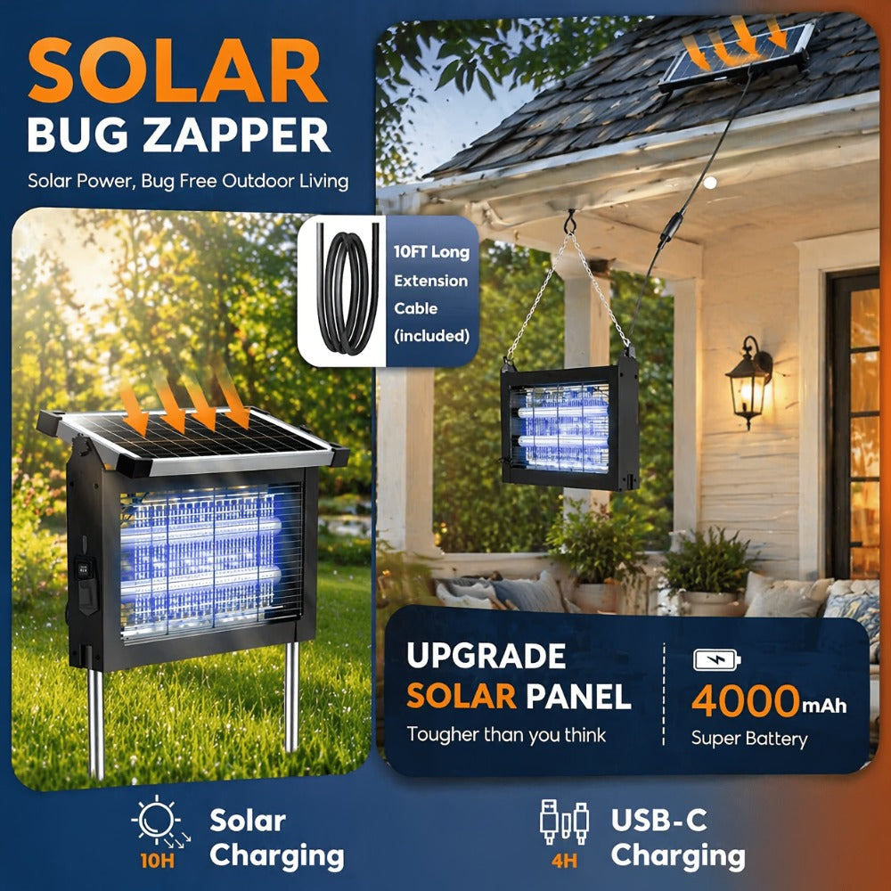 Solar Bug Zapper Outdoor 4200V ¨C Solar Powered Mosquito Killer with Auto/Manual Dual Mode, 2100 Sq.Ft Coverage, 12H Runtime, 3-Way Charging, 10FT Cord, Safe for Family & Pets, for Patio, Garden & Camping