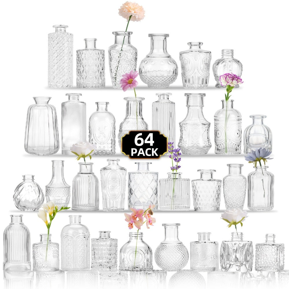 Glass Bud Vases Bulk - Small Flower Vases for Centerpieces, Rustic Wedding Table Decorations, Banquet, Party & Restaurant Decor, Aesthetic Home Decor for Halloween & Christmas, Set of 12/24/64