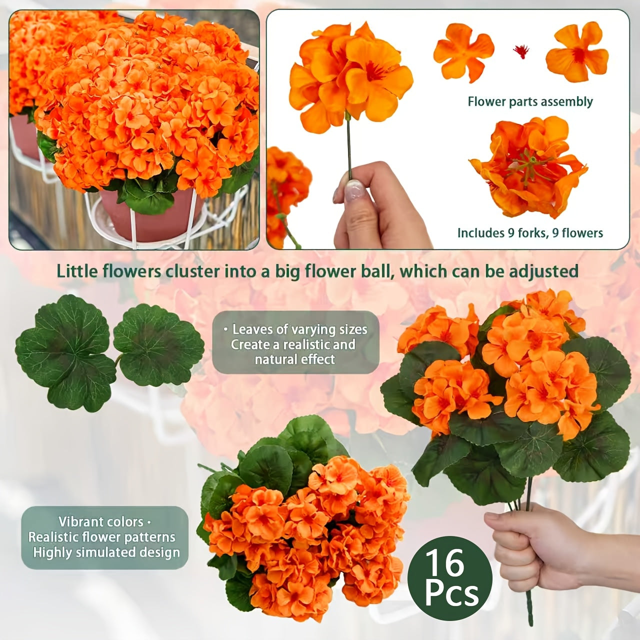 Artificial Flowers Outdoor UV Resistant - Geranium Hydrangea Rose Marigold Faux Silk Flowers for Garden Patio Home Table Centerpiece Decor, 8/16 Bundles, 13.77 Inch
