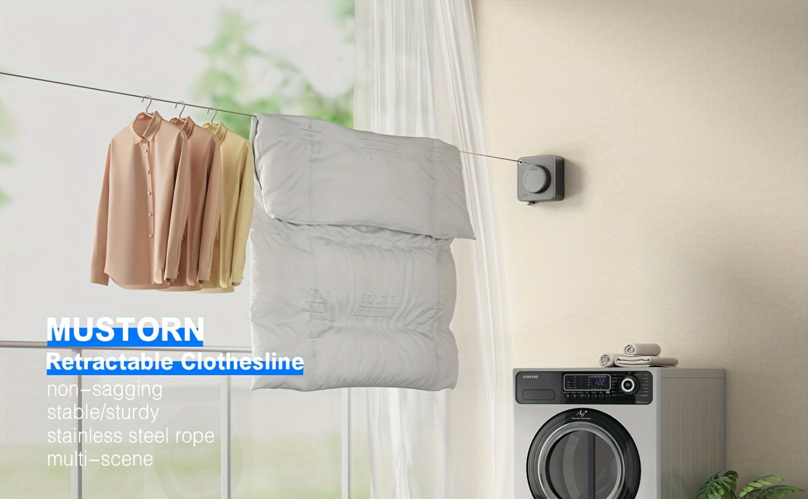 Retractable Clothesline Wall Mounted Stainless Steel Non-Sagging Indoor Outdoor Laundry Drying Line 15.1 Ft Heavy Duty