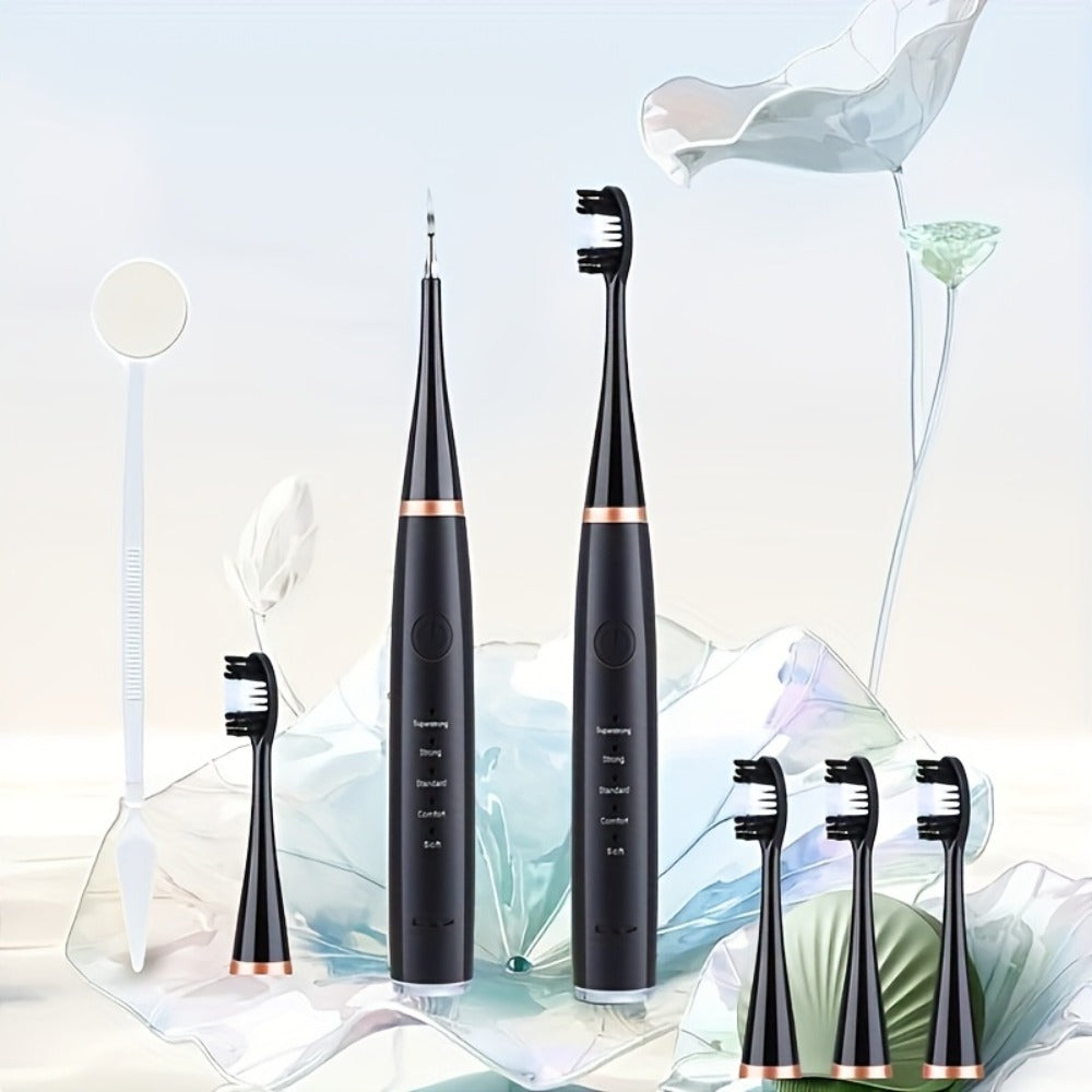 USB Electric Toothbrush Set - 5 Replaceable Brush Heads & 2 Cleaning Heads, USB Rechargeable Electric Toothbrush with Travel Case, Complete Oral Care Kit for Home & Travel, Black or White
