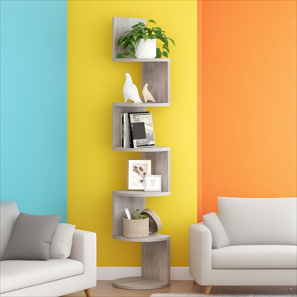 Corner Floating Shelf 5-Tier Wall Mount, Space Saving Storage Rack for Bedroom Living Room, Radial Display Organizer, Easy Install, 7.9¡±¡Á7.9¡±¡Á49.6¡±, Black White Brown Greige Beige