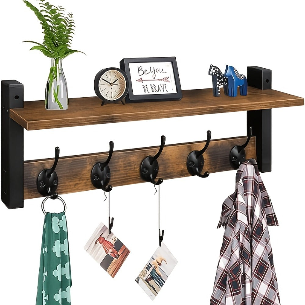 Wall Mounted Coat Hook Shelf with 5 Hooks - Wooden Floating Shelf & Key Rack Organizer for Entryway, Bedroom, Bathroom, Kitchen & Living Room - Rustic Vintage Style