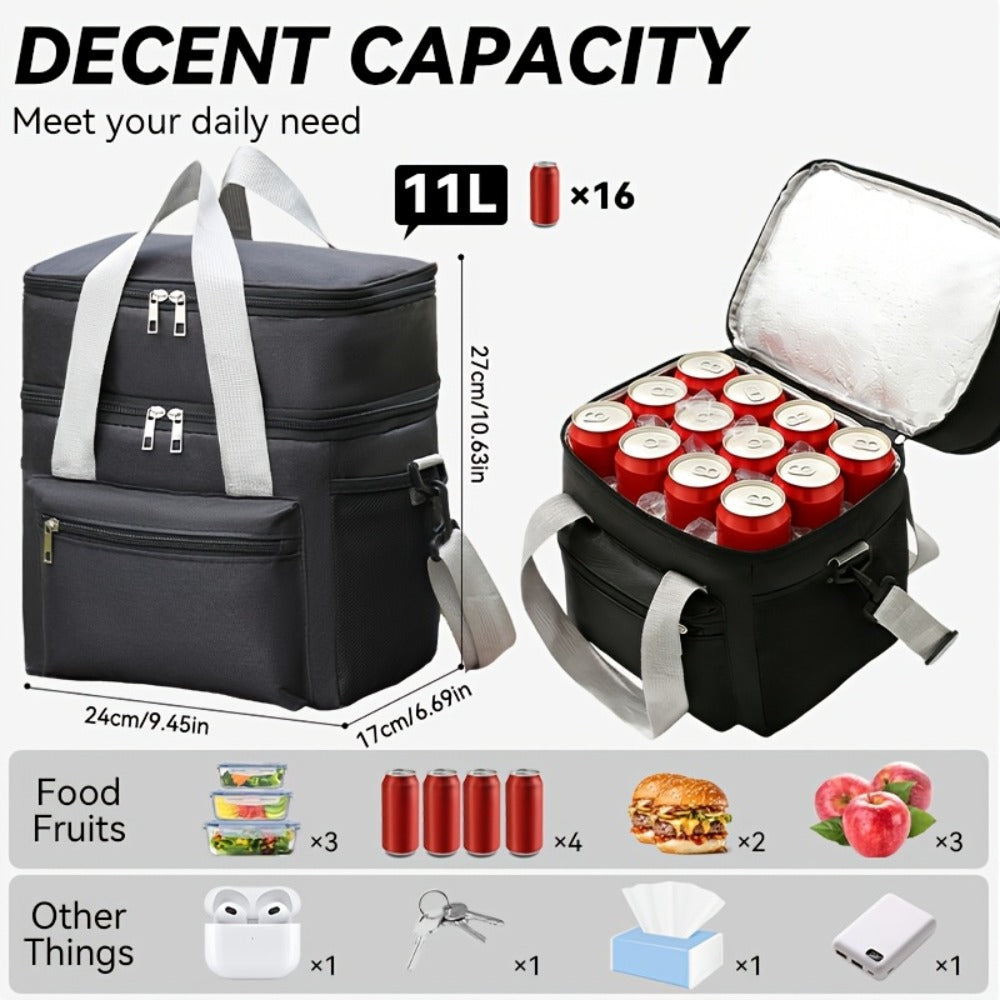 Insulated Lunch Bag Large Double Layer Leakproof Cooler Tote Bag with Adjustable Crossbody Strap for Men Women Office Picnic Travel Camping in Black Grey Burgundy Blue
