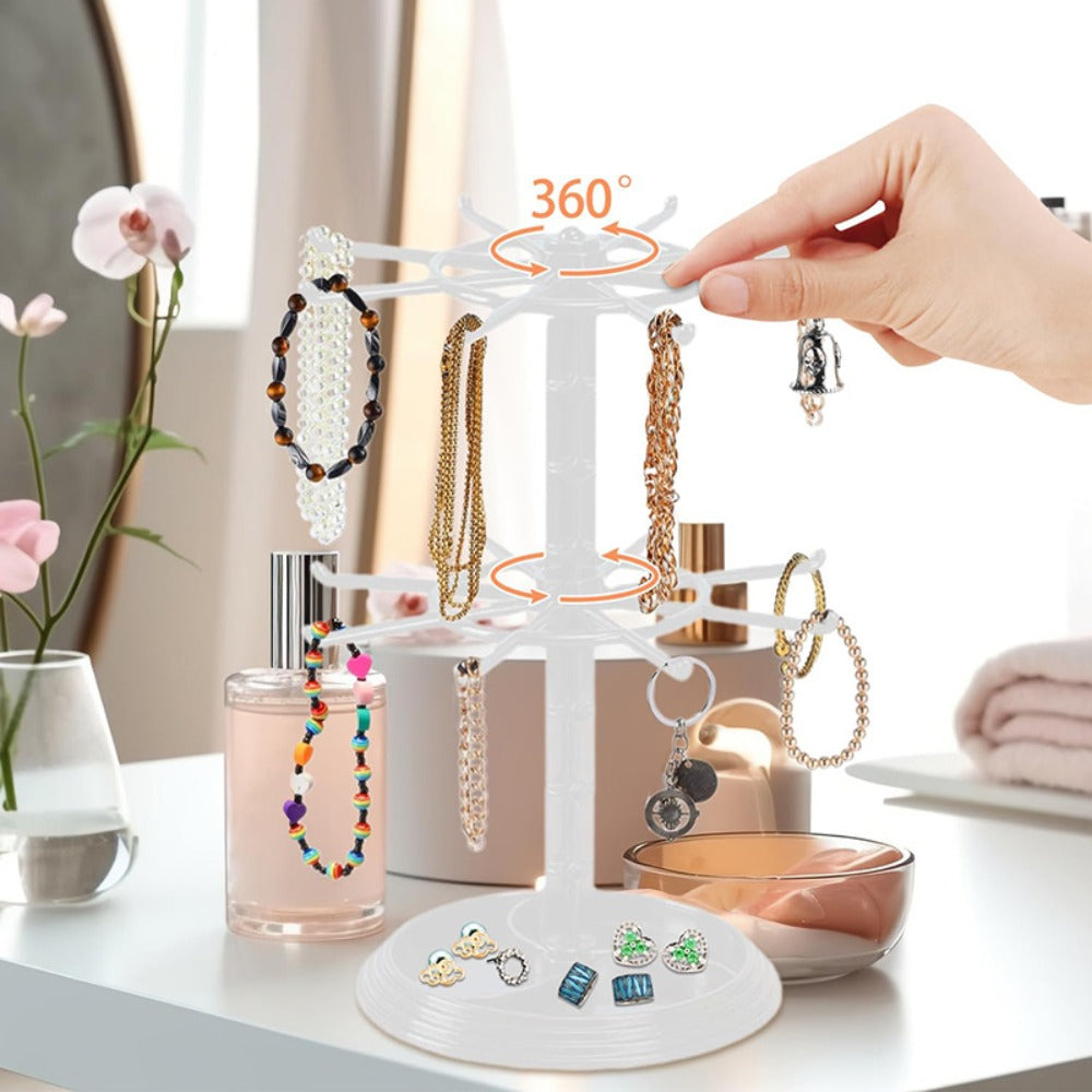 Rotating Jewelry Stand 2-Tier Black ¨C Necklace Bracelet Earring Organizer Display Rack, Plastic Hanging Jewelry Tower for Dressing Table Counter, Keychain Holder, No Electricity Needed