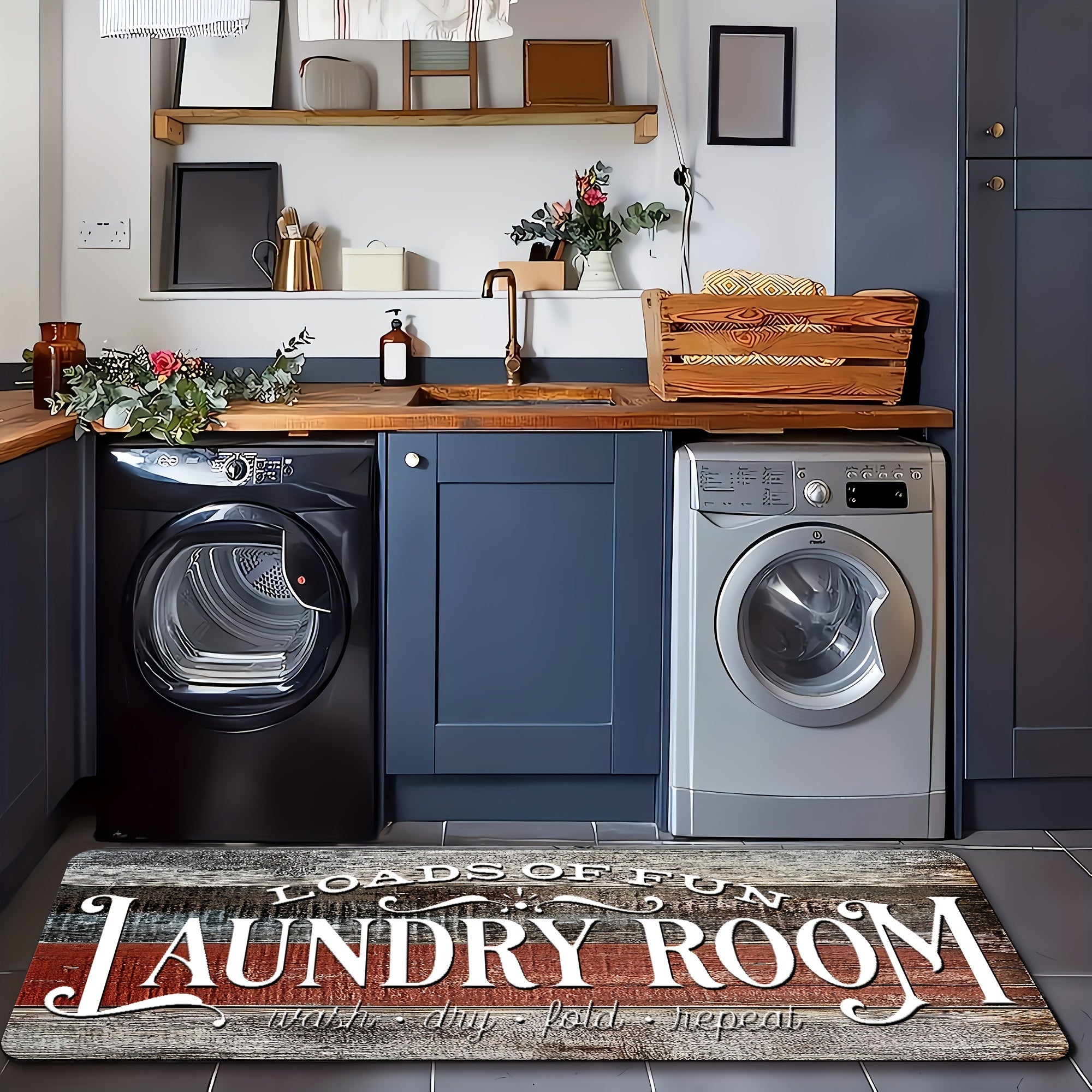 Farmhouse Laundry Room Runner Rug - Non-Slip Washable Retro Kitchen & Bathroom Mat | Anti-Slip Floor Runner for Laundry Room, Kitchen, Bathroom & Entryway | Boho Home Decor Accent Rug Multiple Sizes