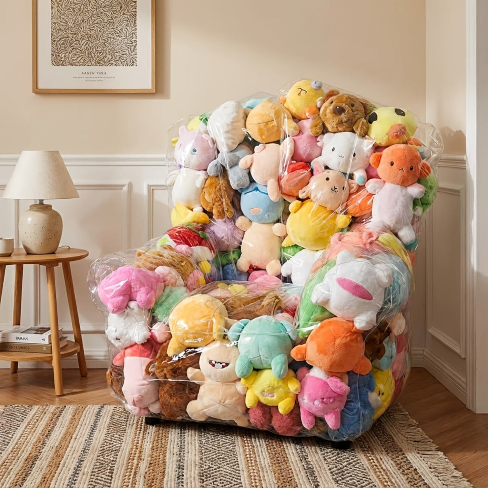 Large Transparent Plush Toy Storage Bag with Zipper Closure Stuffed Animal Organizer Bean Bag Chair Cover Openable Filling 100x90cm Clear Display Bag