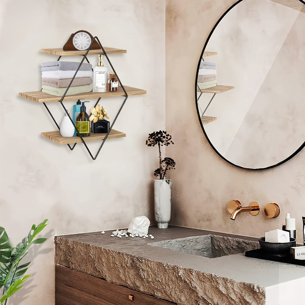 Geometric Diamond Wall Shelf 3-Tier Metal Wire & Wood Floating Shelves | Industrial Style Display Shelf for Living Room Kitchen Bedroom