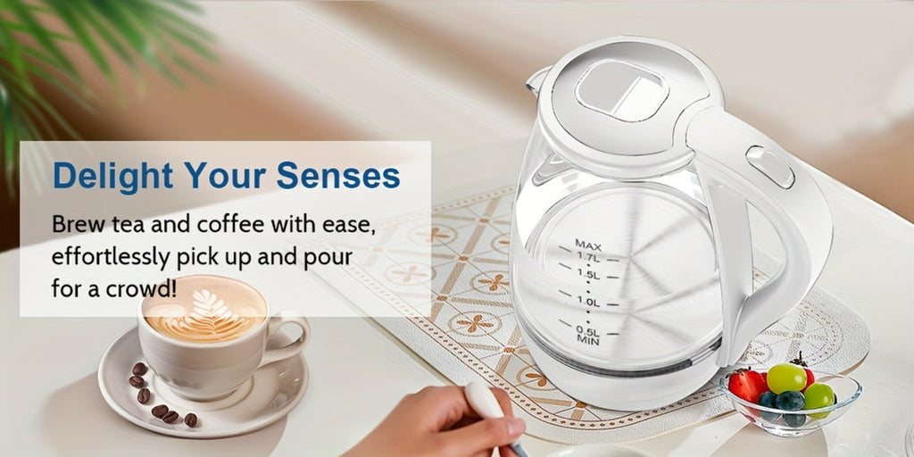 Glass Electric Kettle 1200W Fast Boiling ¨C 57.48oz Tea Kettle with LED Indicator, Auto Shut-Off & Boil-Dry Protection, Elegant Transparent Design for Kitchen, Office & Camping