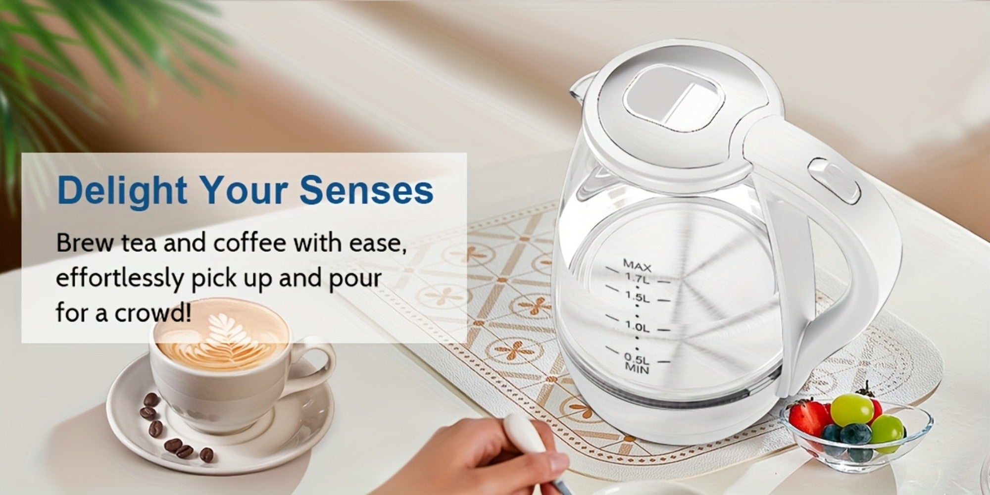 Glass Electric Kettle 1200W Fast Boiling ¨C 57.48oz Tea Kettle with LED Indicator, Auto Shut-Off & Boil-Dry Protection, Elegant Transparent Design for Kitchen, Office & Camping