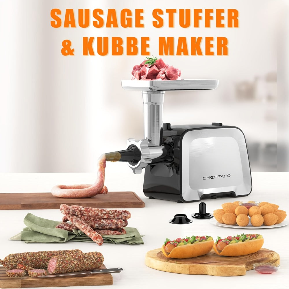 Heavy Duty Electric Meat Grinder & Sausage Stuffer ¨C Stainless Steel with 2 Blades, 2 Cutting Plates, Sausage Tube & Kubbe Kit for Home Butcher & Meal Prep