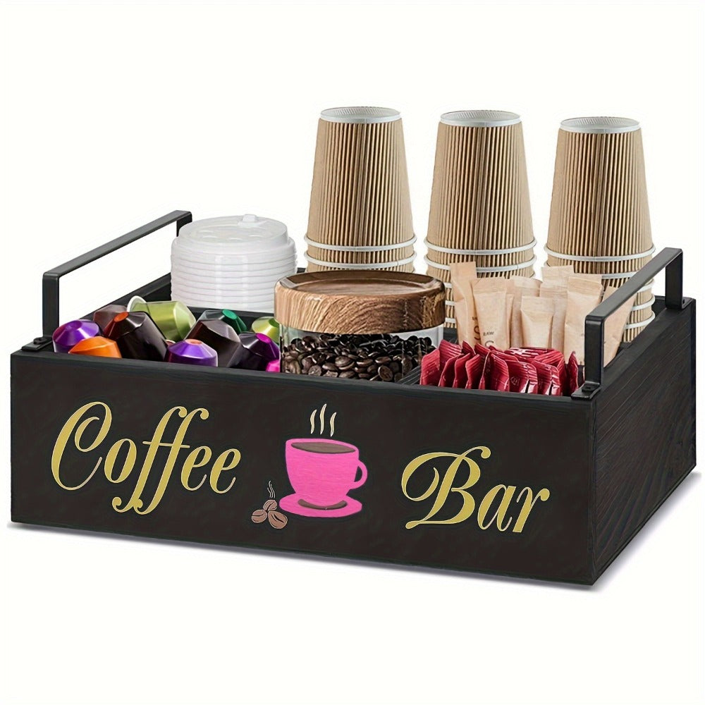 Coffee Bar Organizer Wooden Farmhouse Style - Rustic COFFEE BAR Sign Storage Tray for Pods Sugar Creamer Accessories, Waterproof Rectangular Countertop Organizer for Kitchen Coffee Station Decor