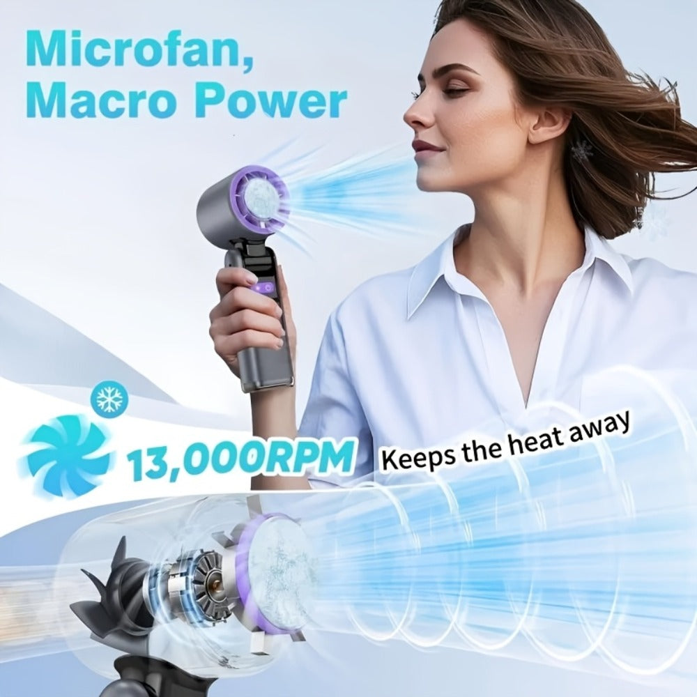 Handheld Ice Pack Fan High-Speed Semiconductor Cooling | 100-Speed Digital Display Turbo Fan with LED Light, Foldable Portable Design for Outdoor, Travel & Daily Use ¨C Purple, Beige, Pink, Black & White
