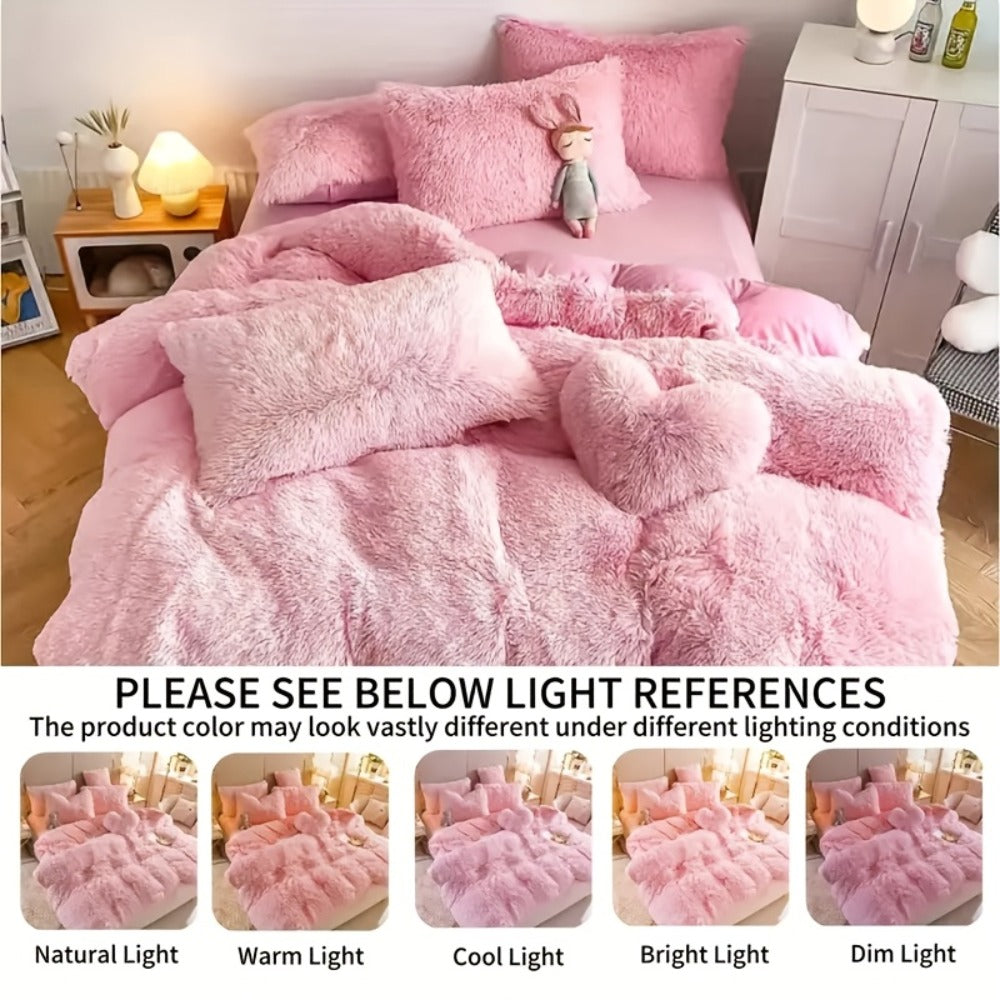 Faux Fur Duvet Cover Set Twin Queen King Super Soft Plush Comforter Cover with Pillowcases Heart Pillow for Kids Teens Machine Washable Bedroom Decor