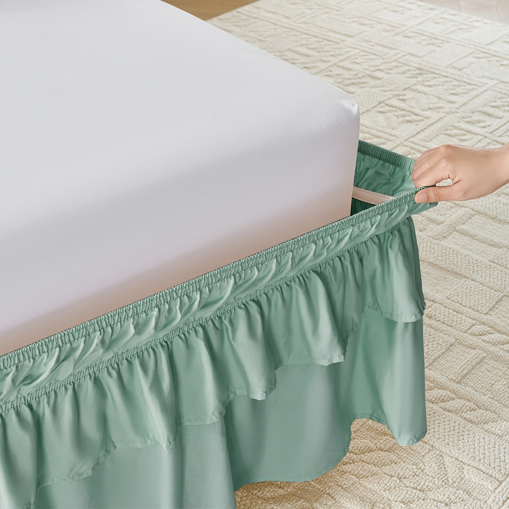 Double Ruffle Bed Skirt 16¡± Drop | Elastic Wrap Around Dust Ruffle for Twin Full Queen King Bed | Easy Install Machine Washable Soft Linen Poly Blend Bedskirt