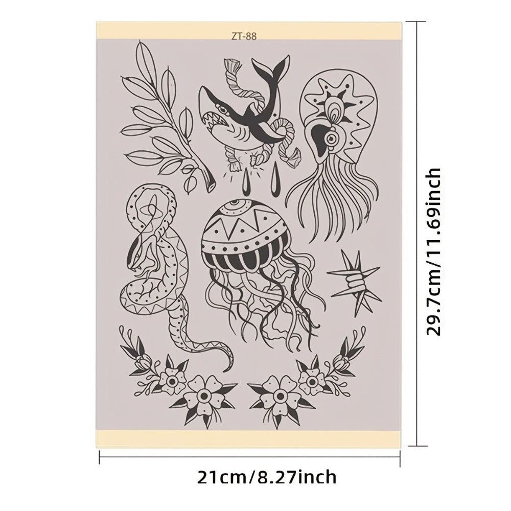 Tattoo Transfer Paper 3 Sheets ¨C Pre-Drawn Stencils with Floral, Paisley, Spiderweb, Snake & Pizza Designs ¨C A4 Size Body Art Stencil Kit for Beginners & Pros, No Electricity Needed
