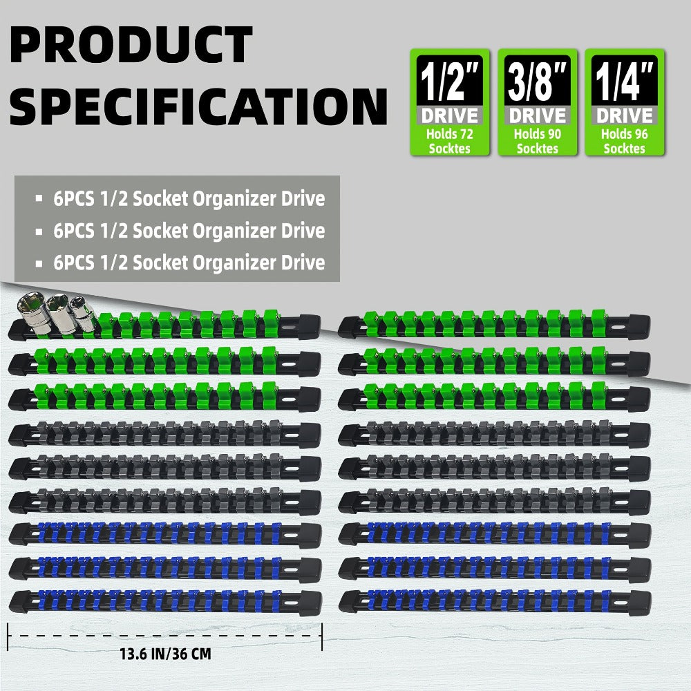 Socket Organizer Set with Rails ¨C Heavy Duty ABS Socket Holder Rack for 1/4¡±, 3/8¡± & 1/2¡± Drive ¨C Tool Storage Kit for Toolbox, Garage & Workshop Organization (6, 9 or 18 Piece)