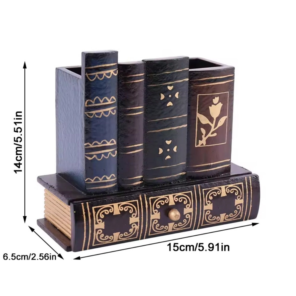 Wooden Pen Holder with Drawer Book-Shaped Desk Organizer, Vintage Retro Wood Desktop Storage Box with Hidden Drawer for Pens Pencils Remote Control, Decorative Office Home Study Room Gift