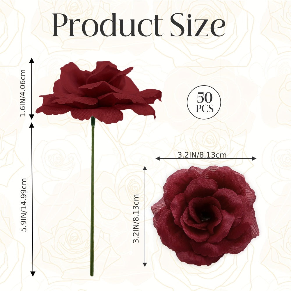 Artificial Roses with Stems 50pcs Silk Fake Flowers | 3 Inch Flower Head 6 Inch Stem Detachable DIY | Wedding Valentine's Day Home Decor Bouquet Arrangement in 6 Colors