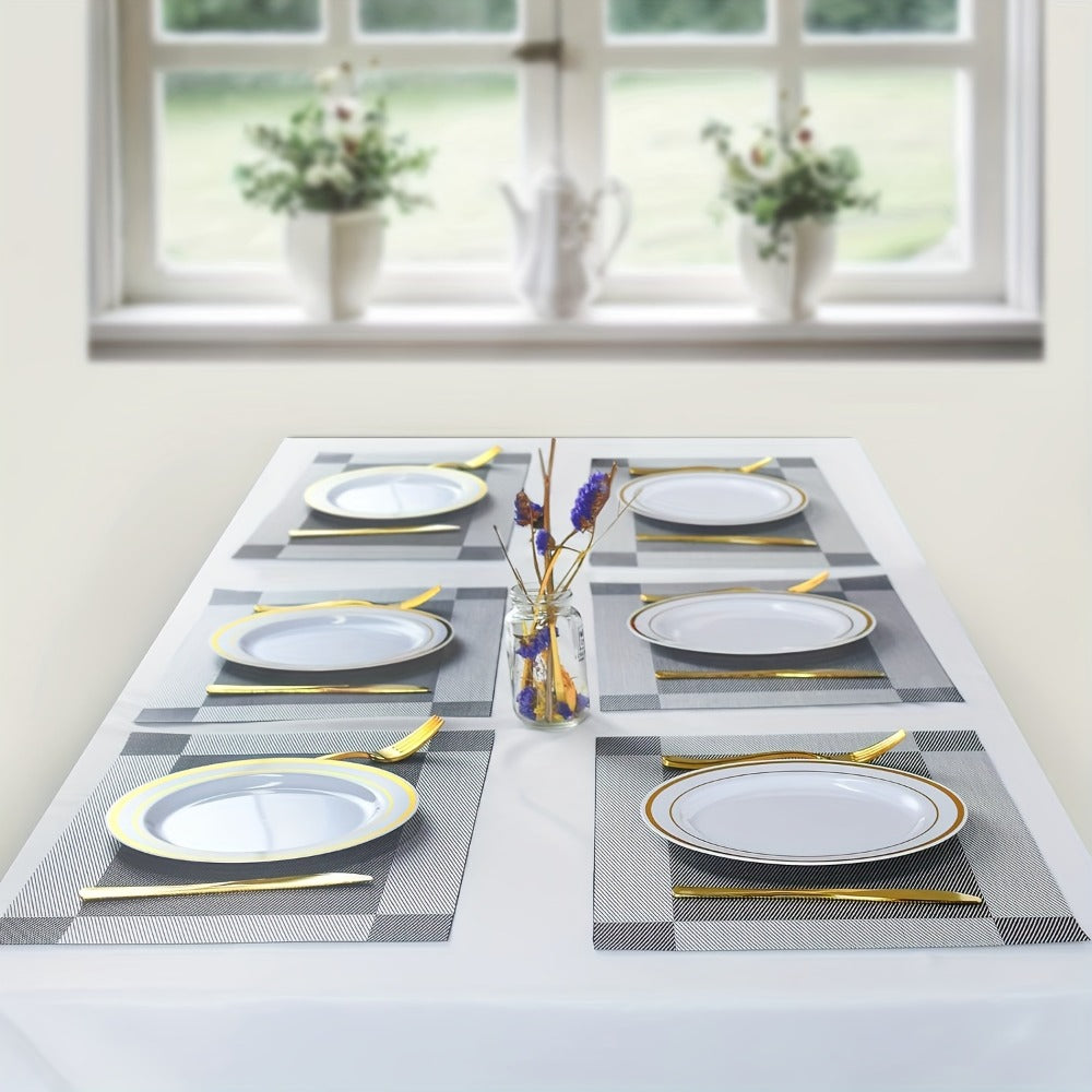PVC Placemats Set of 6 Heat Resistant Non-Slip Washable Table Mats for Kitchen Dining Table, Easy Clean Vinyl Dinner Mats 11.8x17.7 Inch (Golden, Brown, Silver)