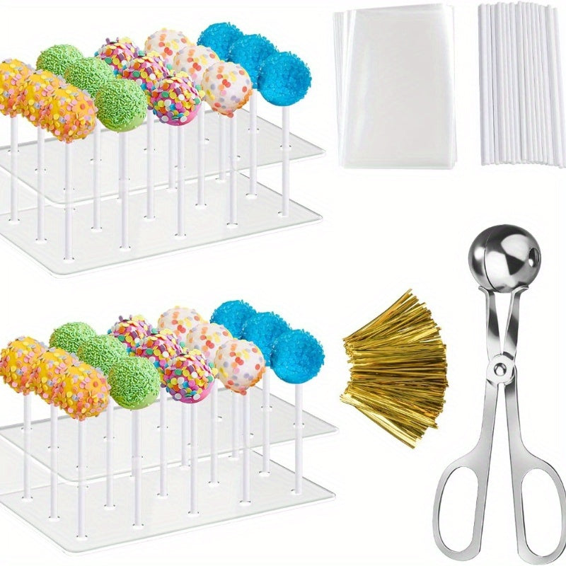 Cake Pop Kit 304pcs Complete Set, Includes Cake Pop Mold, 2 Display Stands, 100 Lollipop Sticks, 100 Treat Bags and 100 Twist Ties, Cake Pop Making Supplies for Birthday Party, Baby Shower, Baking Gift