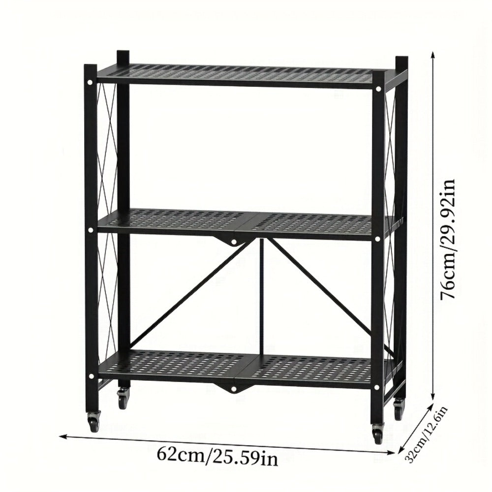 Heavy Duty Storage Rack with Wheels 3-Layer Foldable Metal Shelving Unit 750 LBS Capacity, Rolling Utility Cart for Garage Kitchen Pantry Closet, Movable Black Metal Storage Shelf