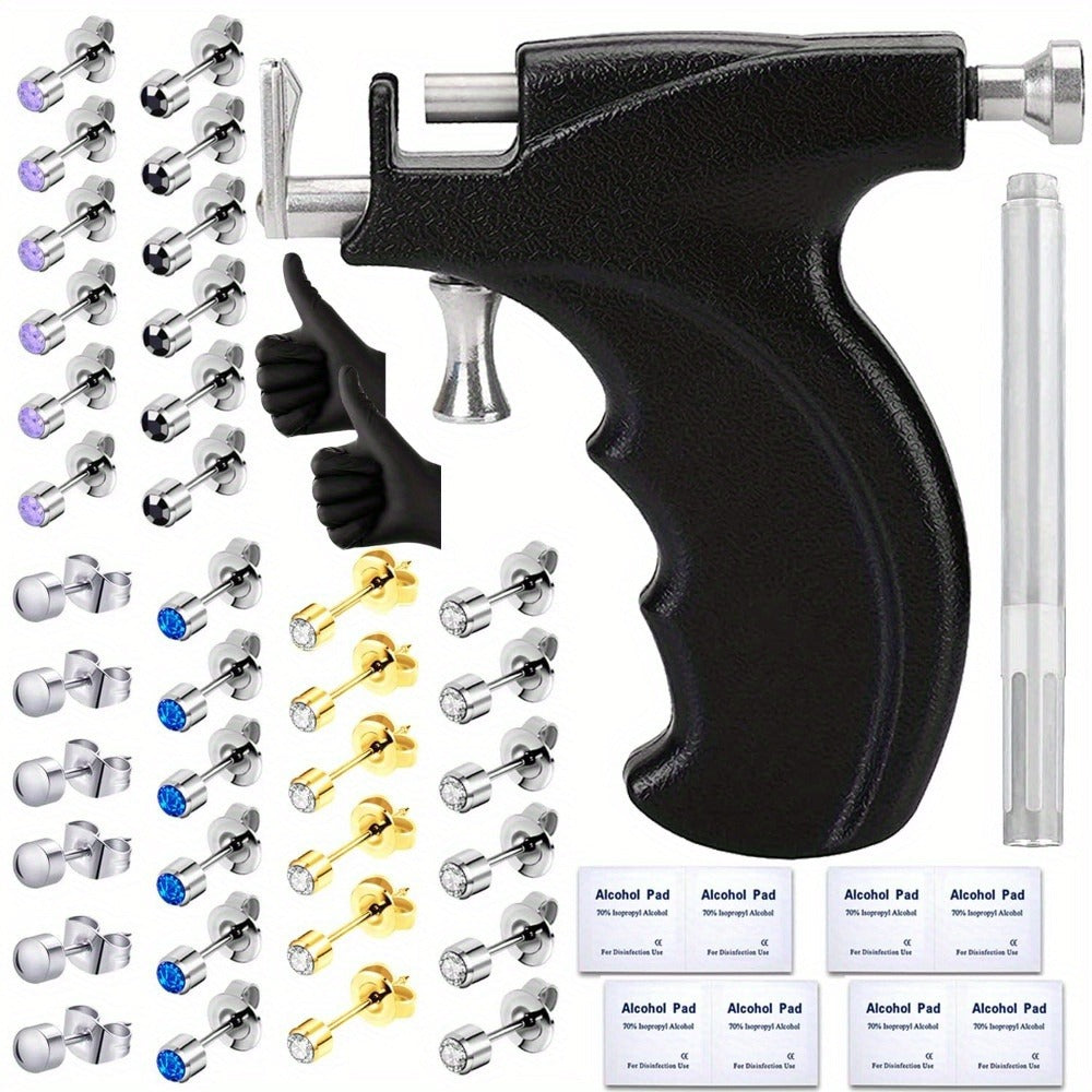 Professional Ear Piercing Kit - 36pcs CZ Diamond & Stainless Steel Stud Earrings with Reusable Piercing Gun, Alcohol Pads, Gloves & Marking Pen for Home and Salon Use