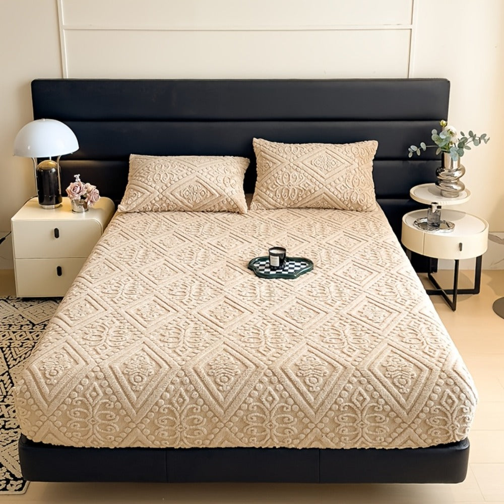 Embossed Fitted Bed Sheet Super Soft Jacquard Mattress Cover Deep Pocket All Season Twin Full Queen King Washable Bedding White Gray Khaki Blue Green