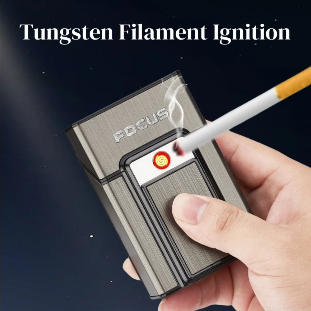 Cigarette Case with Built-in USB Rechargeable Lighter, Tungsten Filament Windproof Electric Igniter, One-Button Pop-Up, Holds 20 Cigarettes, Compatible with Soft & Hard Packs ¨C Travel Cigarette Holder