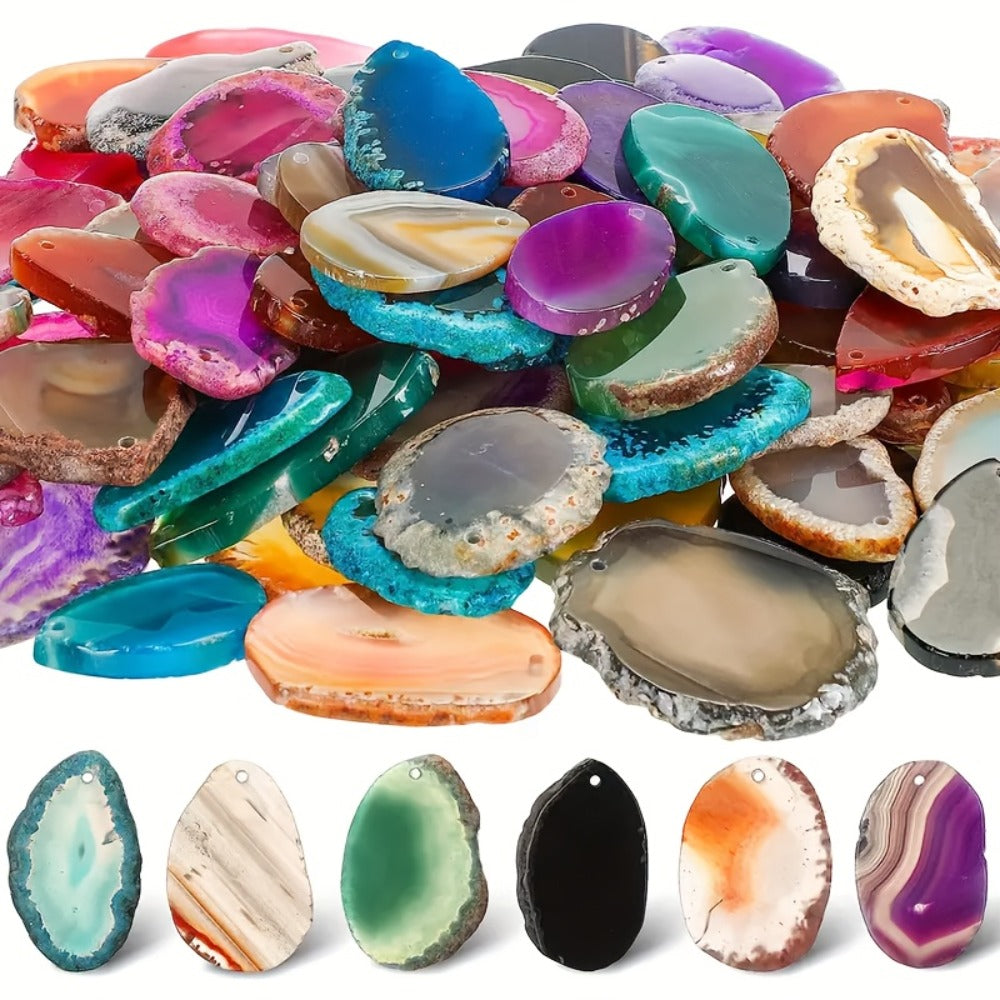 Natural Agate Slices Pendants 20pcs - Mixed Colors Polished Stone Drilled Beads for Jewelry Making, Wind Chime & DIY Crafts