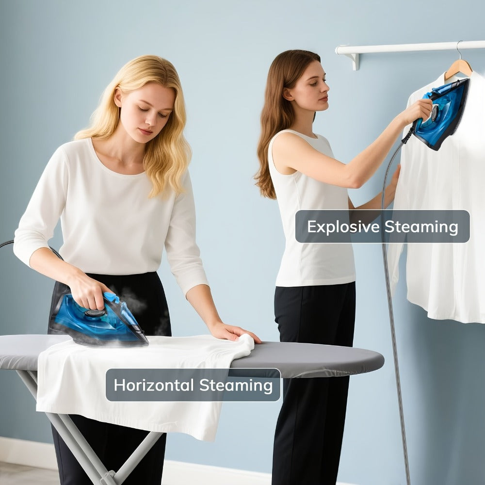 Steam Iron Non-Stick Bottom Plate High Pressure Anti-Calc Safety Protection Adjustable Temperature Steam Settings Dry Wet Clothes Fast Heating Travel Essential Blue