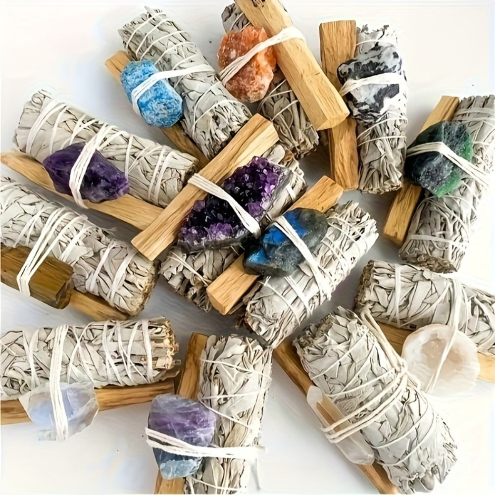 Natural Crystal White Sage Smudge Set for Space Cleansing Home Rituals Meditation Decor Teacher Appreciation Easter Gift Random Crystal
