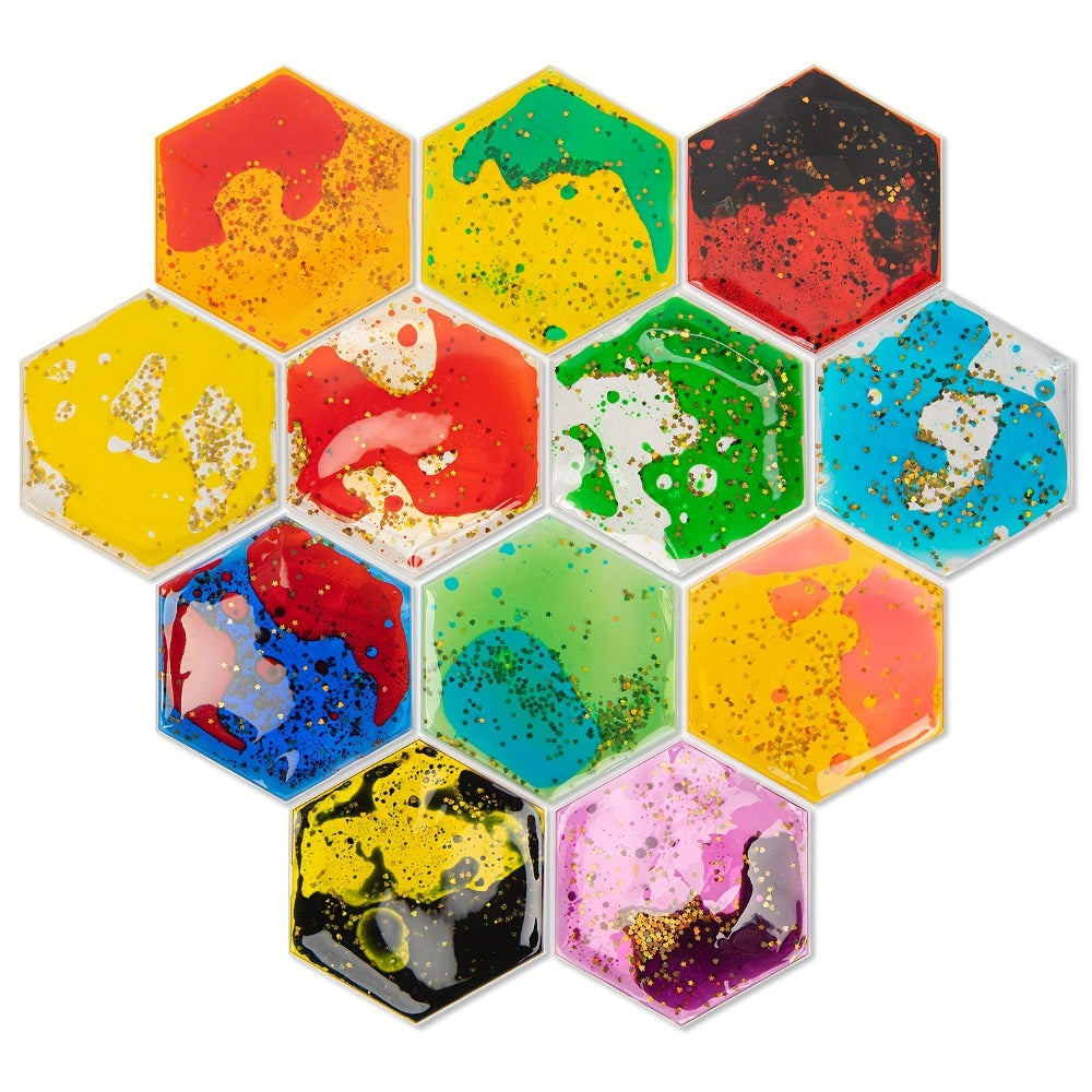 Liquid Tiles Vinyl Flexible Wall Stickers 12-Pack ¨C Geometric Sensory Tiles for Wall & Floor Decor, Stress Relief Fidget Tiles, Square & Hexagon Shapes, 5.9 x 5.9 Inches Each