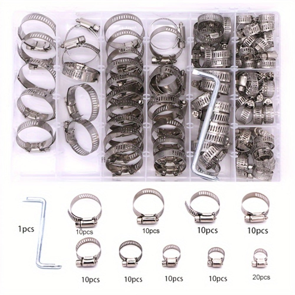 Stainless Steel Hose Clamps 100-Pack Assortment Kit - Multiple Universal Sizes Adjustable Hose Clips for Fuel Line Plumbing Automotive Garden Marine HVAC, Heavy Duty with Storage Case, Silver