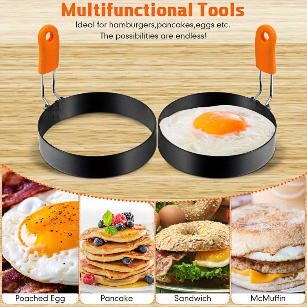 Egg Ring Set 6pcs Nonstick Stainless Steel Pancake Mold 4 Inch and 6 Inch Silicone Handle Round Griddle Shaper for Eggs Omelettes Pancakes Sandwiches Breakfast Cooking