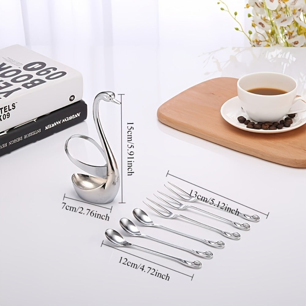 Swan Cutlery Rack Set 7pcs Stainless Steel Decorative Silverware Holder with 3 Forks & 3 Spoons - Elegant Swan Shaped Flatware Stand for Table Decor, Holiday Dining, Christmas Halloween Thanksgiving Gift