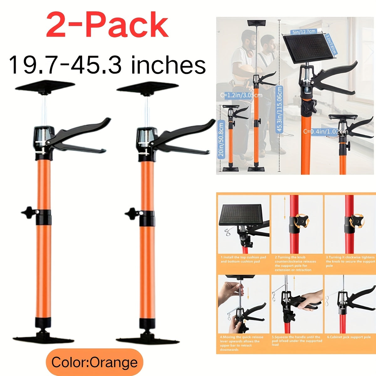 Adjustable Steel Support Rods for Drywall & Cabinet Installation, Extendable Construction Support Poles 19.7¡±-45.3¡± / 45¡±-114¡±, Manual Lifting Tool Height Adjuster for Home Renovation, 2PCS & 4PCS Sets