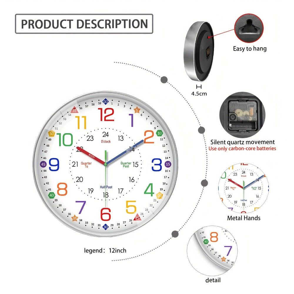 Silent Wall Clock for Classroom & Home | 8/10/12 Inch Color-Coded Educational Teaching Clock, Non-Ticking Japanese Quartz Movement