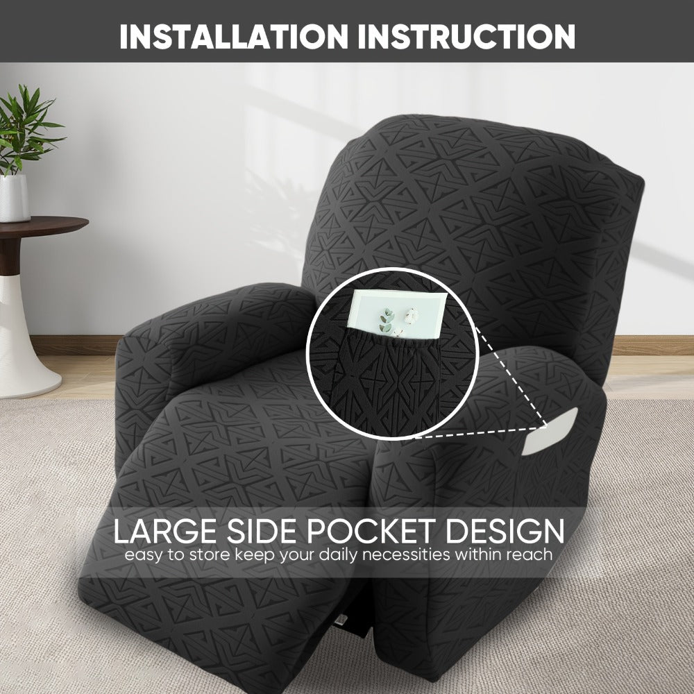 Stretch Recliner Chair Cover 4-Piece Slipcover Non-Slip Elastic Recliner Protector Polar Fleece Jacquard Fabric Pet Scratch Proof Easy Install for Lazy Boy Recliner