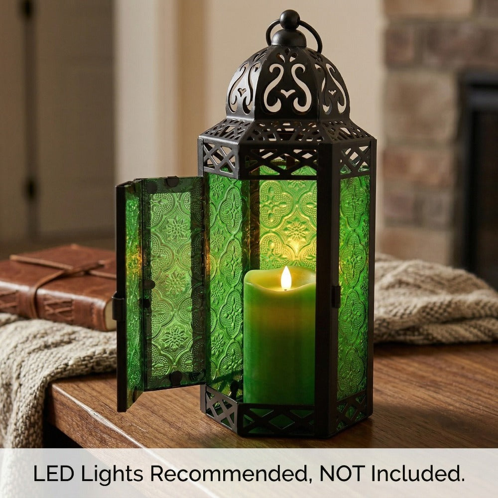 Moroccan Candle Lantern Holder - Decorative Metal & Glass Lantern with Embossed Floral Design for Indoor Home Decor, Garden, Patio, Weddings, Ramadan, Halloween & Holiday Celebrations - 10.5¡± Tall Medium Size