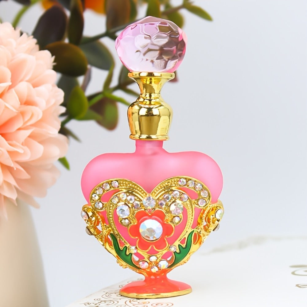 Refillable Perfume Bottle 10ml Vintage Glass Travel Atomizer Essential Oil Dispenser Portable Mini Spray Bottle Enamel Peach Heart Design Gift for Women