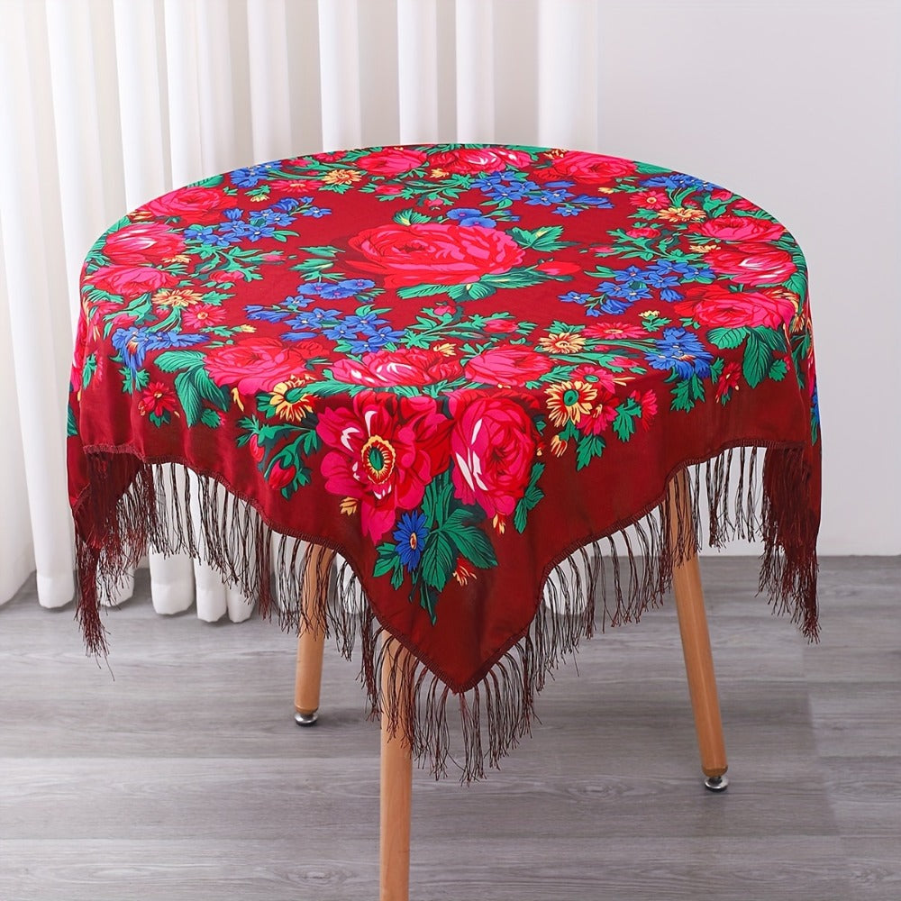Floral Square Tablecloth with Tassels - Multicolor Flowers, Machine-Washable Polyester, Kitchen & Dining Room Table Cover with Tassel Trim