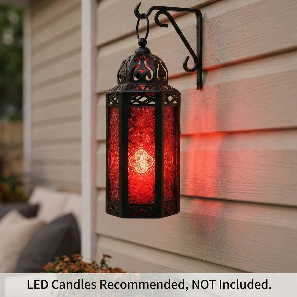 Moroccan Candle Lantern Holder - Decorative Metal & Glass Lantern with Embossed Floral Design for Indoor Home Decor, Garden, Patio, Weddings, Ramadan, Halloween & Holiday Celebrations - 10.5¡± Tall Medium Size