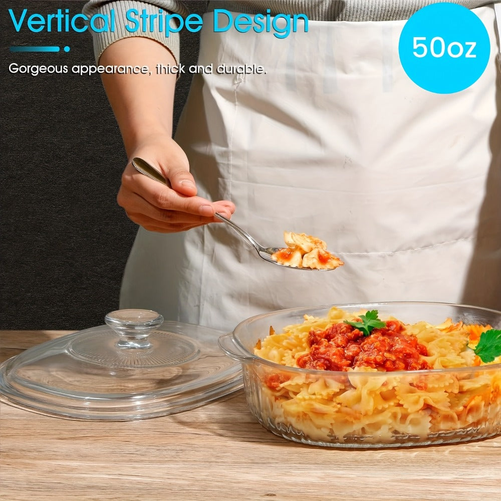 Glass Casserole Dish with Lid, Oval Ribbed Roasting Pan, Oven & Microwave Safe Covered Baking Dish, Transparent Deep Glass Cookware for Chicken Pasta Desserts, 50oz & 85oz Options