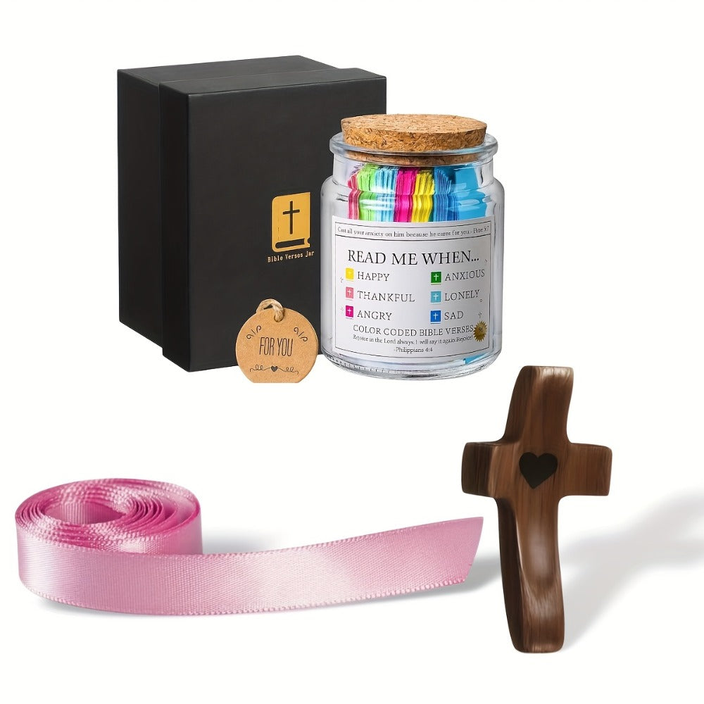 Bible Verse Jar with Handmade Wooden Cross 92 Scripture Cards Christian Gift Set for Women ¨C Easter, Christmas, Birthday, Father¡¯s Day & Graduation