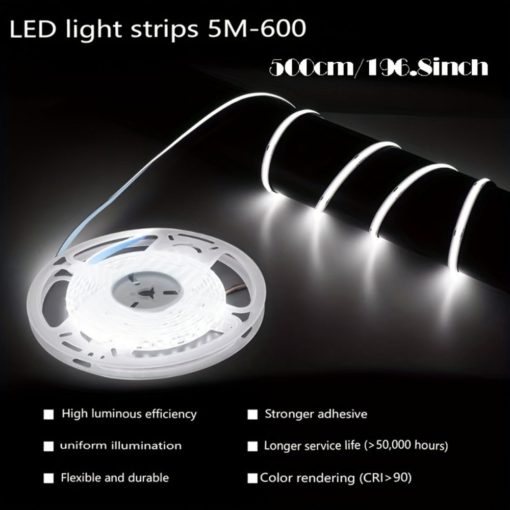 LED Strip Light 600 LEDs 2835 SMD Ultra Bright 5M 16.4ft, IP65 Waterproof Dimmable 12V Flexible Rope Light, Cuttable, for Under Cabinet, Bedroom, Kitchen, TV Backlight, Mirror, Bathroom, Stairway Lighting