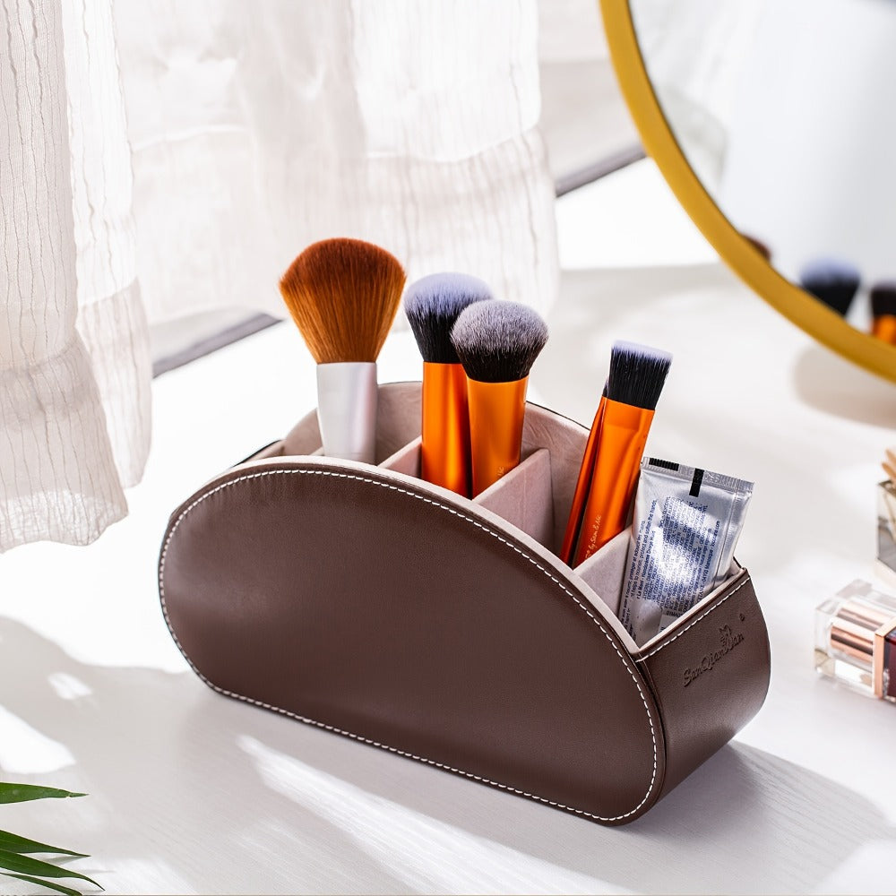 5-Compartment PU Leather Desk Organizer Remote Control Holder Storage Caddy for Office Supplies, Brushes, Pencils & Glasses
