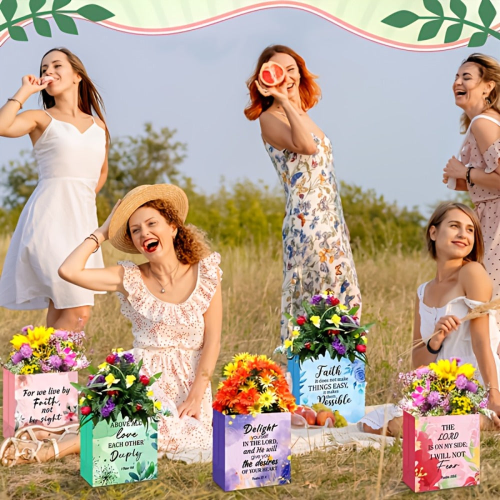 Religious Gift Bags with Handles Bulk 32 or 64 Pcs Bible Verse Flower Designs Reusable Non-Woven Tote Bags for Church Wedding Birthday Party Women Girls