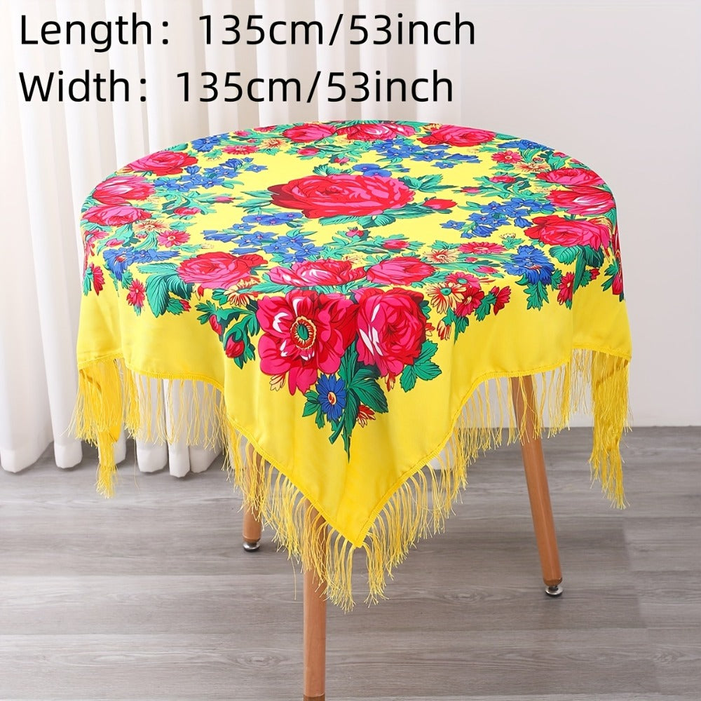 Floral Square Tablecloth with Tassels - Multicolor Flowers, Machine-Washable Polyester, Kitchen & Dining Room Table Cover with Tassel Trim