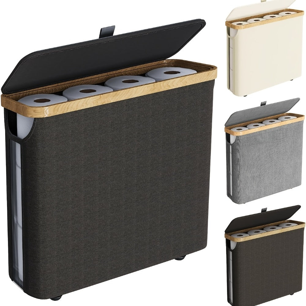 Toilet Paper Storage Basket with Bamboo Lid ¨C Large Capacity Holds 9-12 Rolls | 600D Oxford Cloth Dustproof Bathroom Organizer | Modern Farmhouse Tissue Roll Holder for Bathroom